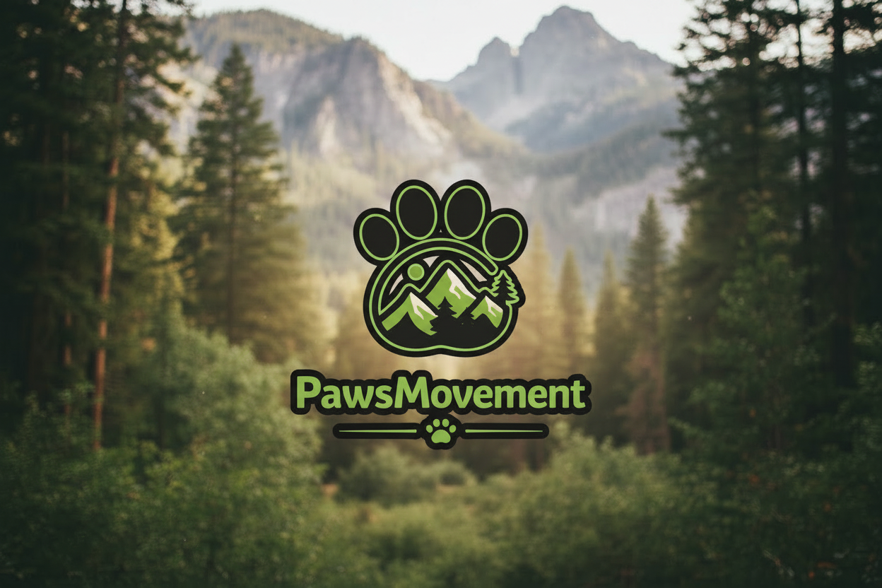 Logo of PawsMovement with a paw print design featuring mountains and trees on a white background.
